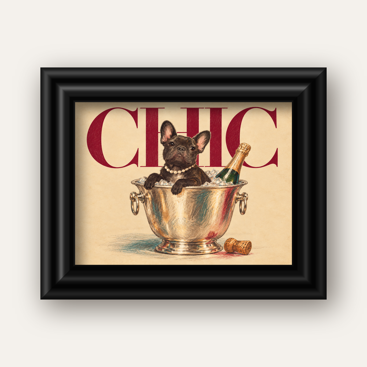 Chic Köpek ve Şampanya Kovalı Şık Poster – Lüks Eğlence Stili — siyah galeri çerçeveli