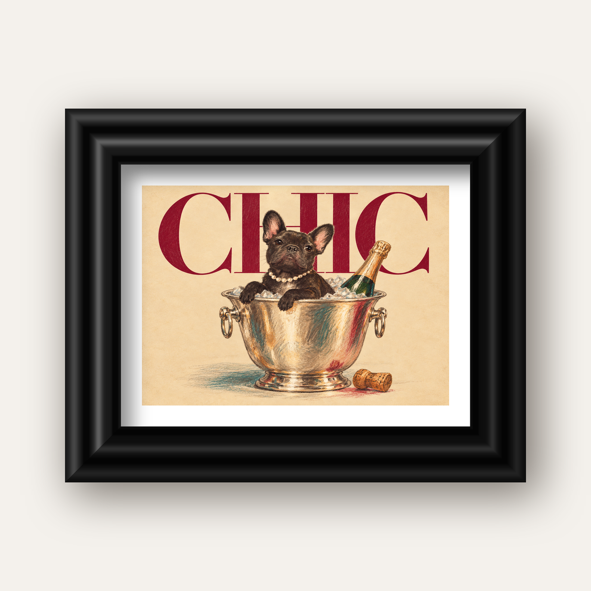 Chic Köpek ve Şampanya Kovalı Şık Poster – Lüks Eğlence Stili — siyah galeri çerçeveli paspartulu