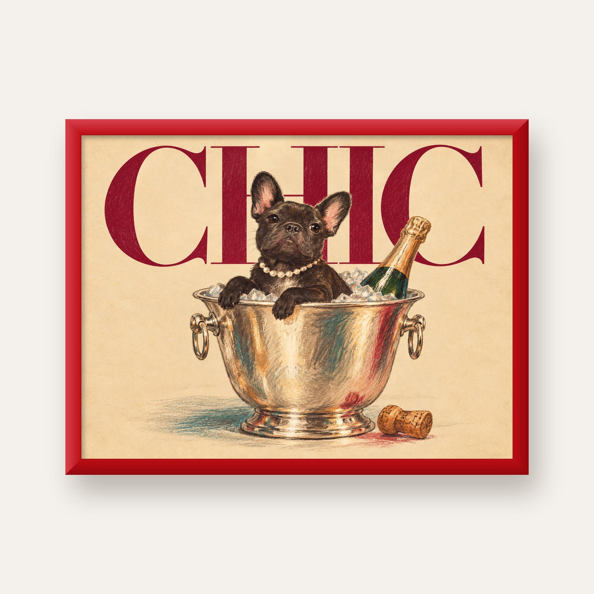 Chic Köpek ve Şampanya Kovalı Şık Poster – Lüks Eğlence Stili — kırmızı çerçeveli