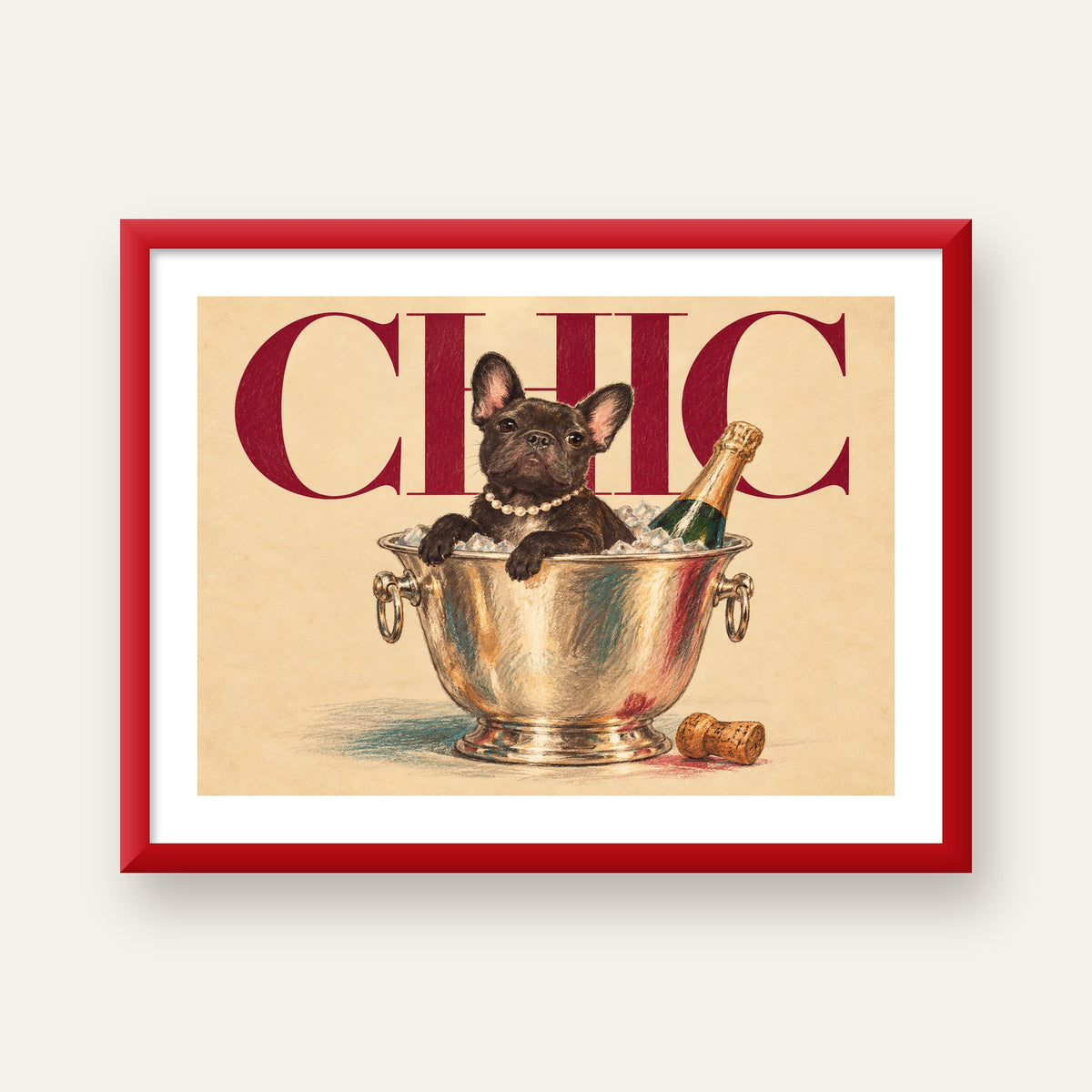 Chic Köpek ve Şampanya Kovalı Şık Poster – Lüks Eğlence Stili — kırmızı çerçeveli paspartulu