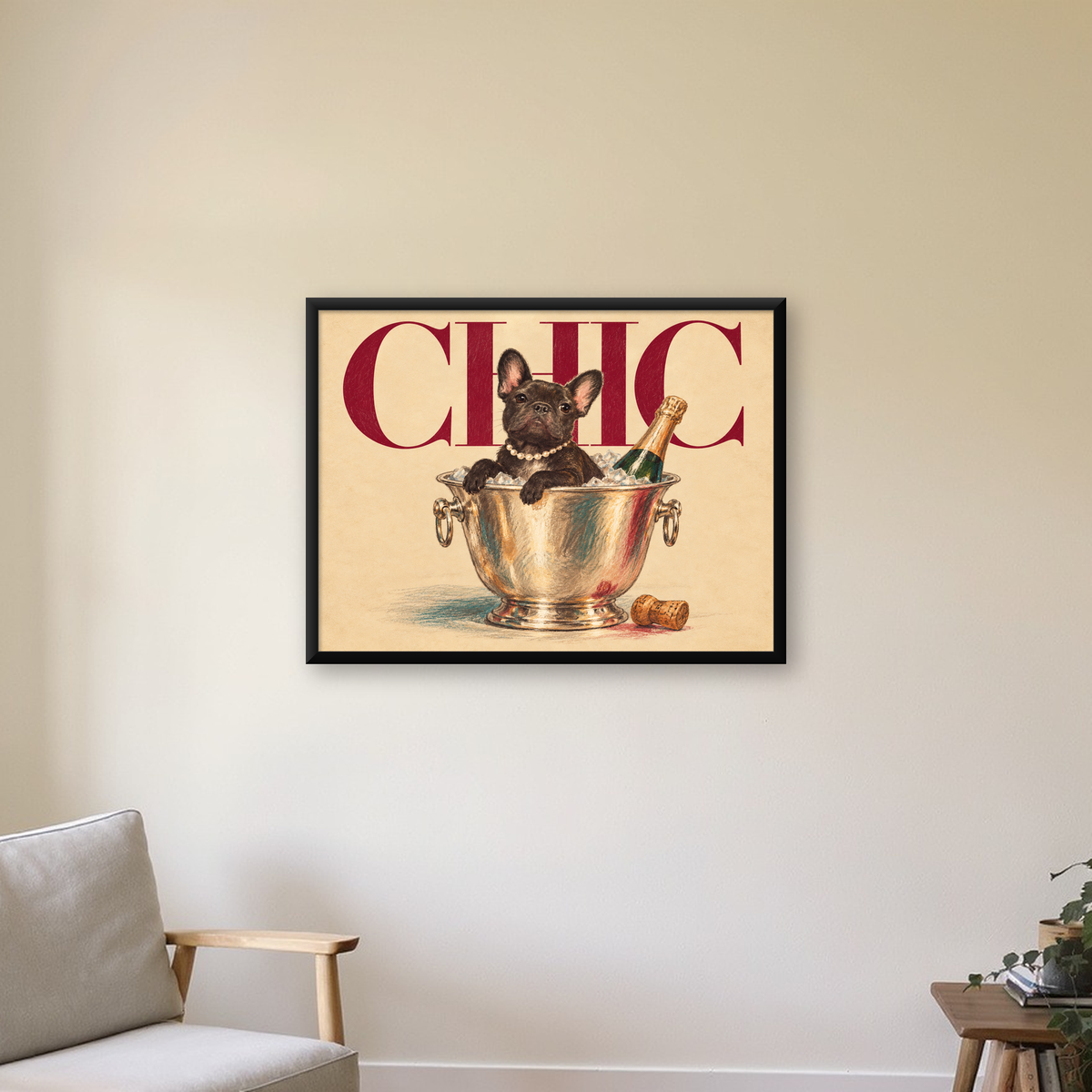 Chic Köpek ve Şampanya Kovalı Şık Poster – Lüks Eğlence Stili — Yatay baskı, çerçeveli hâliyle bir ev duvarında