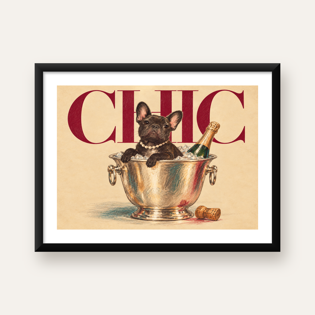 Chic Köpek ve Şampanya Kovalı Şık Poster – Lüks Eğlence Stili — Yatay baskı, beyaz kenar boşluklu