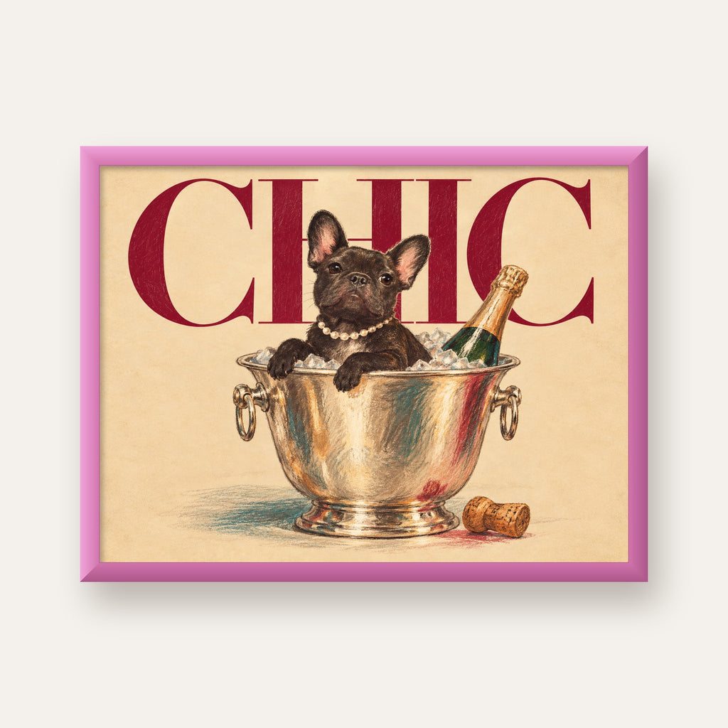 Chic Köpek ve Şampanya Kovalı Şık Poster – Lüks Eğlence Stili — pembe çerçeveli