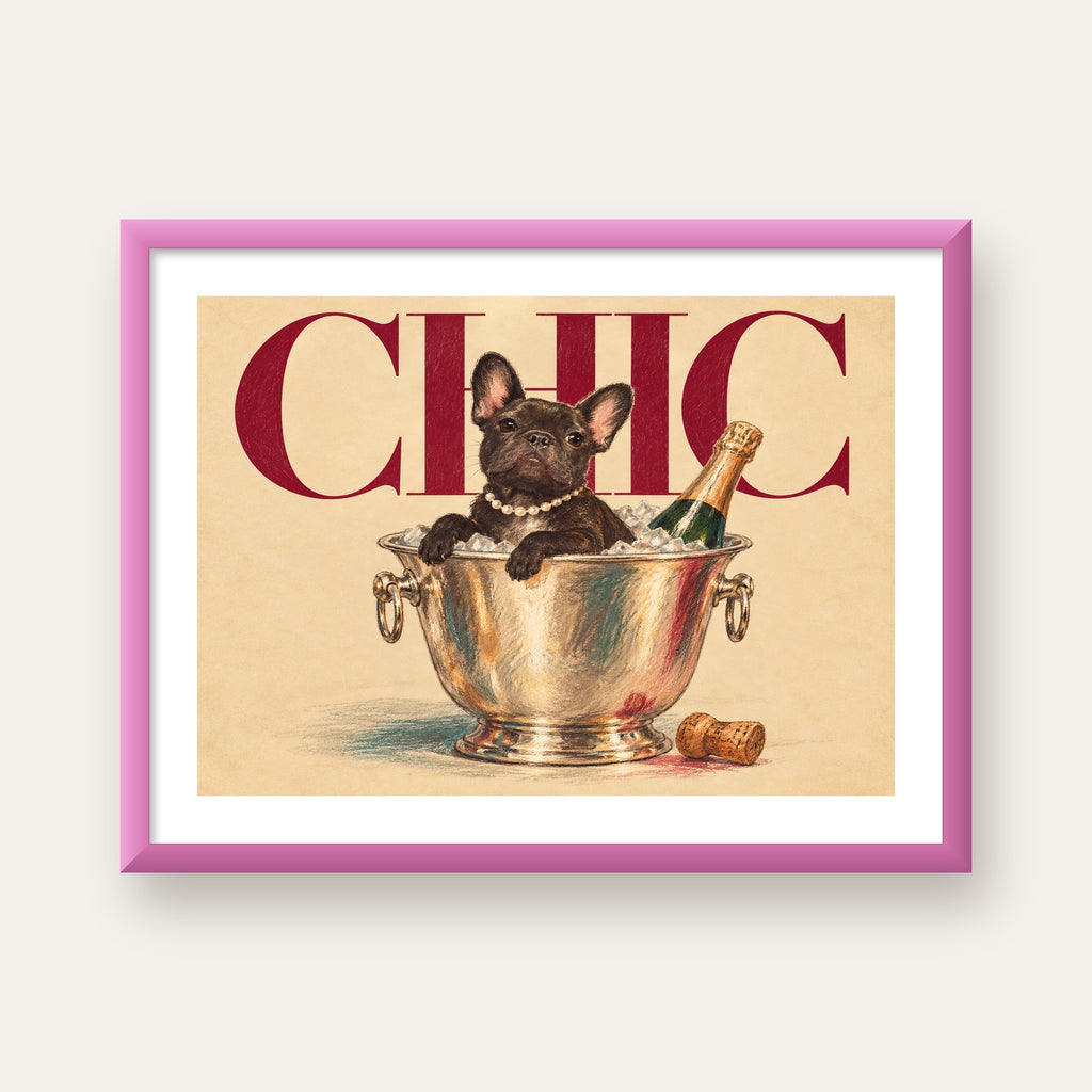 Chic Köpek ve Şampanya Kovalı Şık Poster – Lüks Eğlence Stili — pembe çerçeveli paspartulu