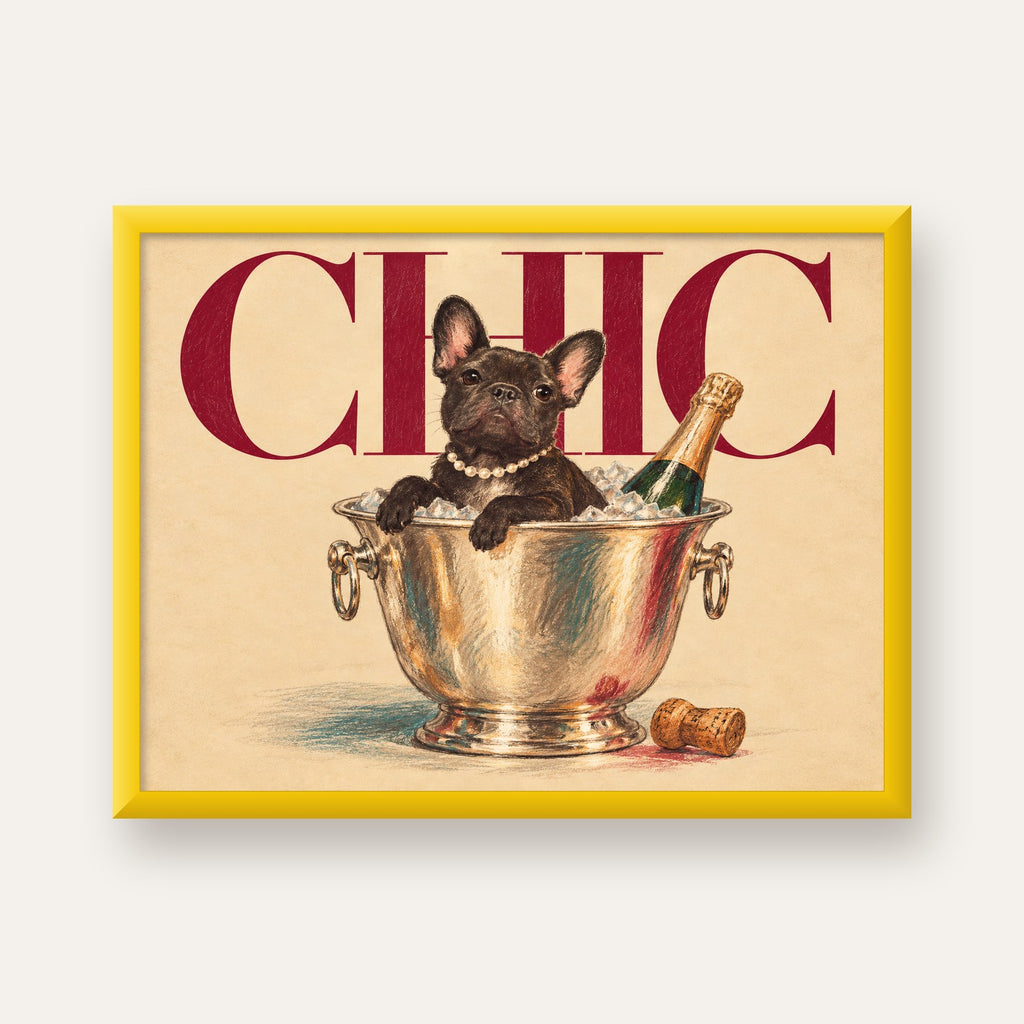 Chic Köpek ve Şampanya Kovalı Şık Poster – Lüks Eğlence Stili — sarı çerçeveli