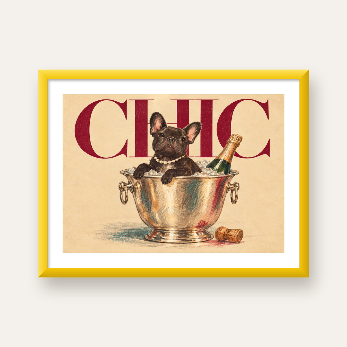 Chic Köpek ve Şampanya Kovalı Şık Poster – Lüks Eğlence Stili — sarı çerçeveli paspartulu