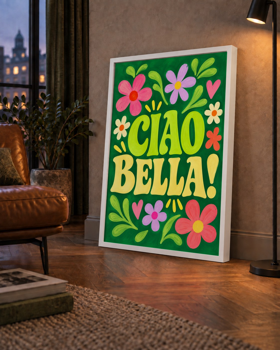 Ciao Bella! Renkli Çiçekli Neşeli Poster Duvar Dekoru — çerçeveli hâliyle bir ev duvarında