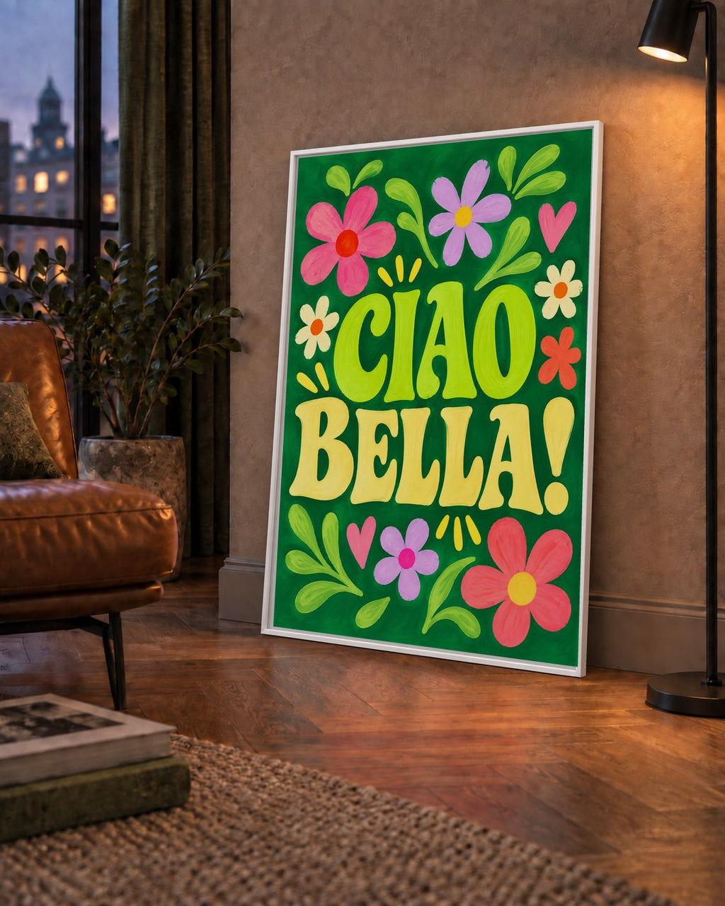 Ciao Bella! Renkli Çiçekli Neşeli Poster Duvar Dekoru — çerçeveli hâliyle bir ev duvarında
