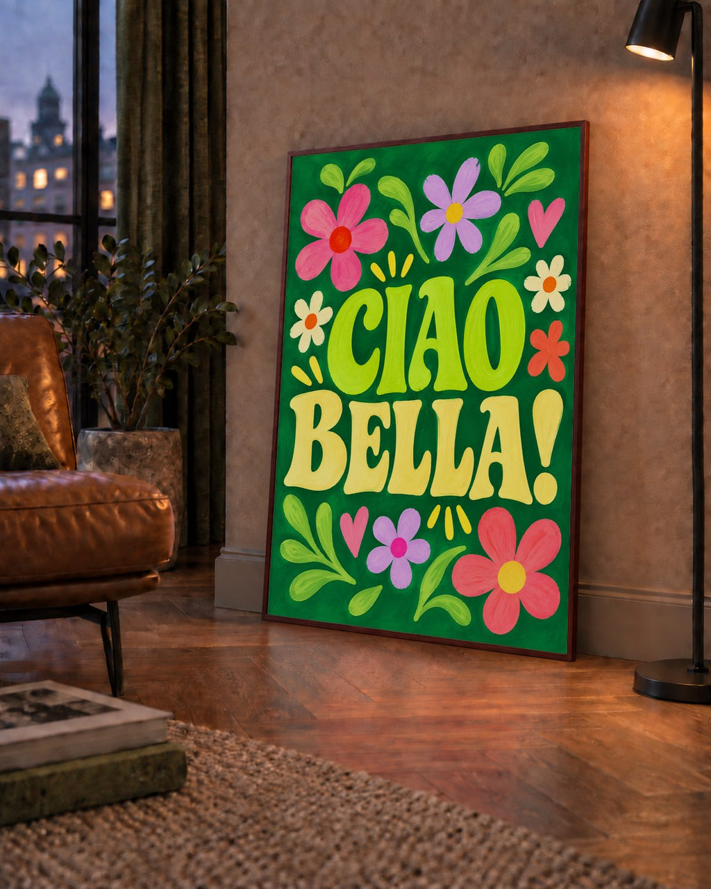 Ciao Bella! Renkli Çiçekli Neşeli Poster Duvar Dekoru — çerçeveli hâliyle bir ev duvarında