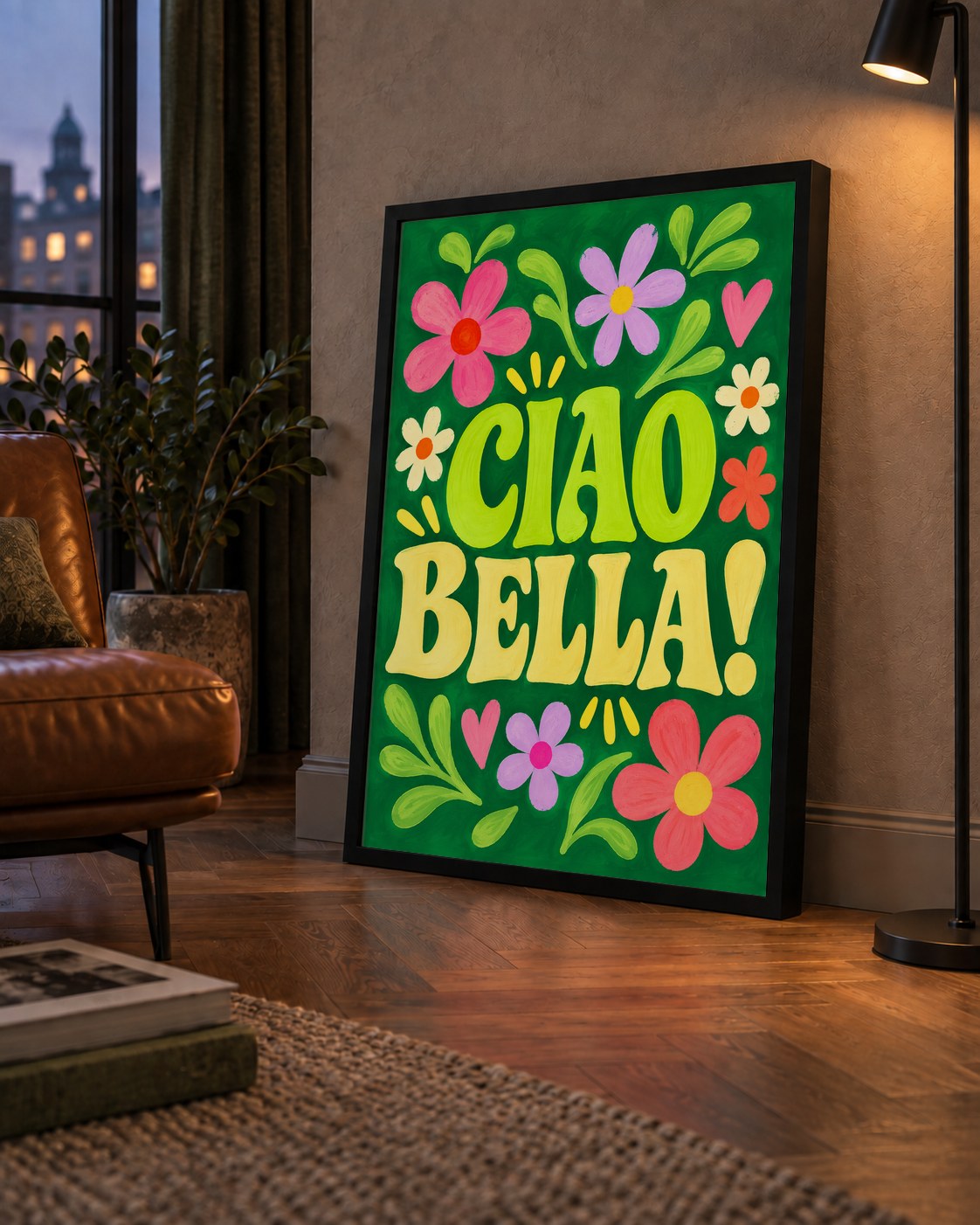 Ciao Bella! Renkli Çiçekli Neşeli Poster Duvar Dekoru — çerçeveli hâliyle bir ev duvarında