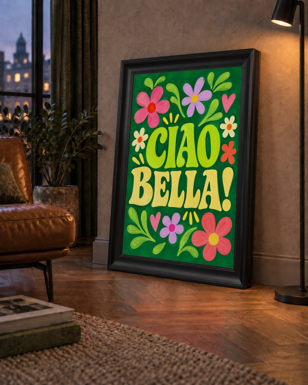 Ciao Bella! Renkli Çiçekli Neşeli Poster Duvar Dekoru — çerçeveli hâliyle bir ev duvarında