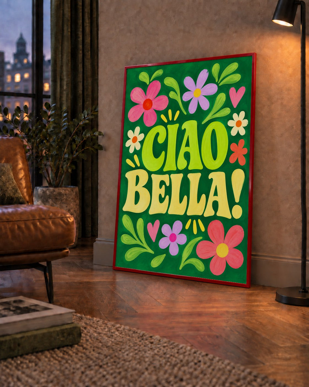 Ciao Bella! Renkli Çiçekli Neşeli Poster Duvar Dekoru — çerçeveli hâliyle bir ev duvarında