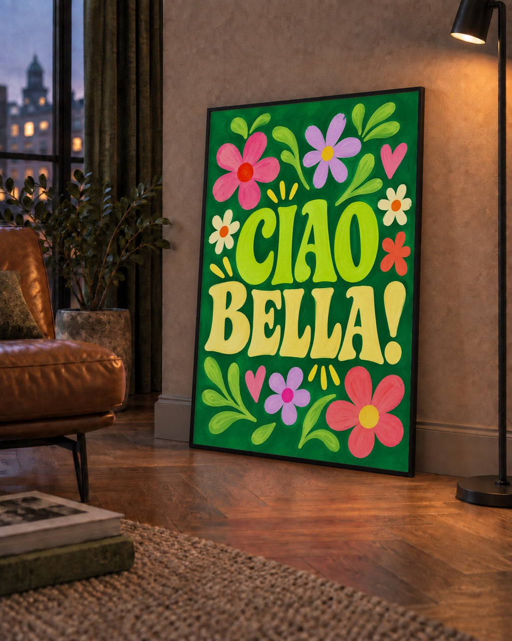 Ciao Bella! Renkli Çiçekli Neşeli Poster Duvar Dekoru — çerçeveli hâliyle bir ev duvarında