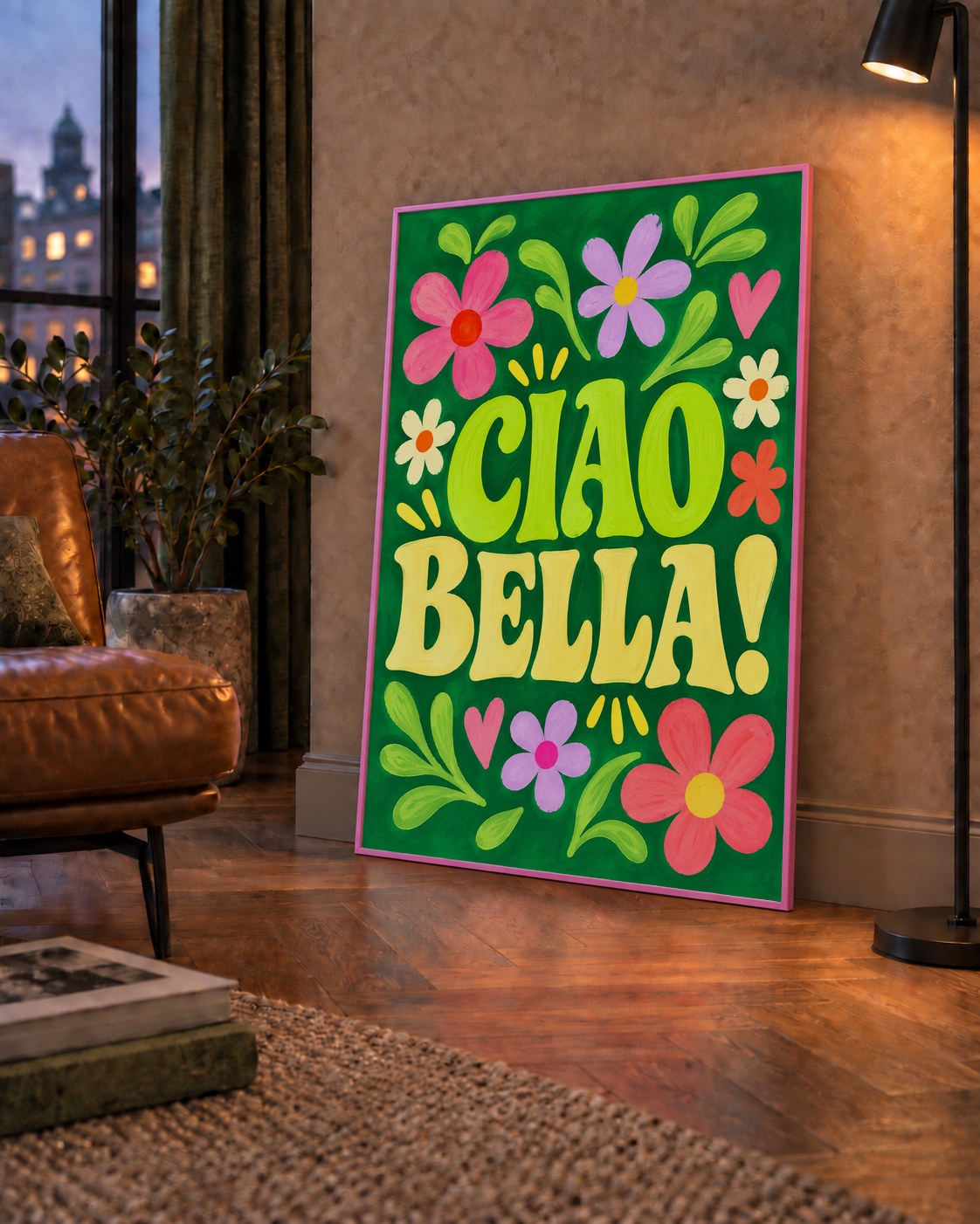 Ciao Bella! Renkli Çiçekli Neşeli Poster Duvar Dekoru — çerçeveli hâliyle bir ev duvarında