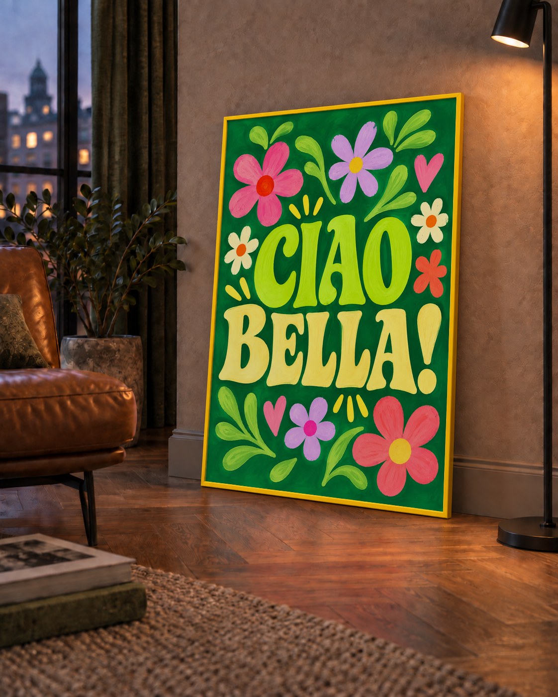 Ciao Bella! Renkli Çiçekli Neşeli Poster Duvar Dekoru — çerçeveli hâliyle bir ev duvarında