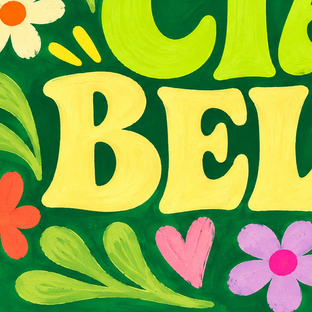 Ciao Bella! Renkli Çiçekli Neşeli Poster Duvar Dekoru — baskının yakın çekimi, kâğıt dokusu ve renk detayı