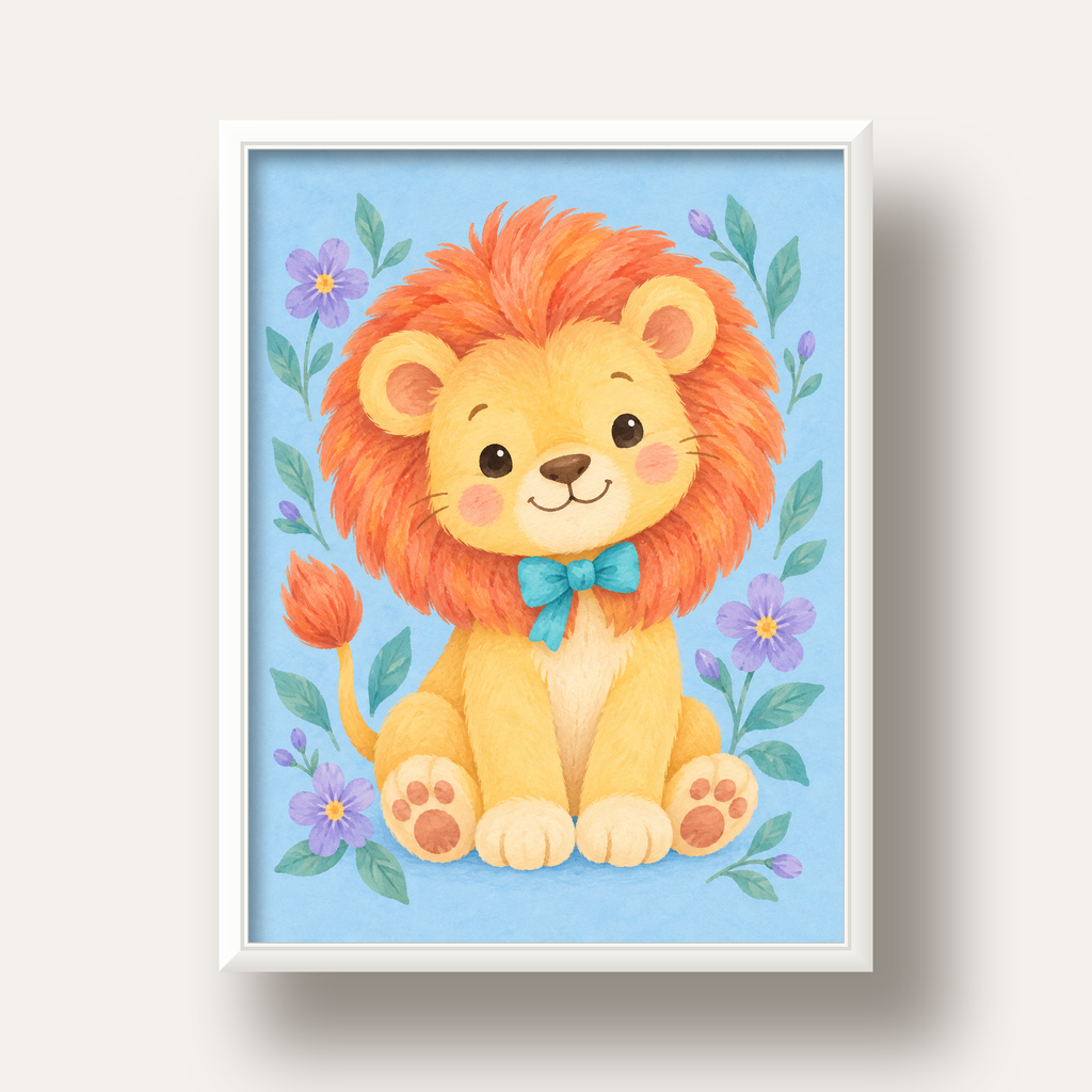 Suluboya Sevimli Aslan Poster – Çiçekli Çocuk Odası Tablosu — beyaz derin çerçeveli
