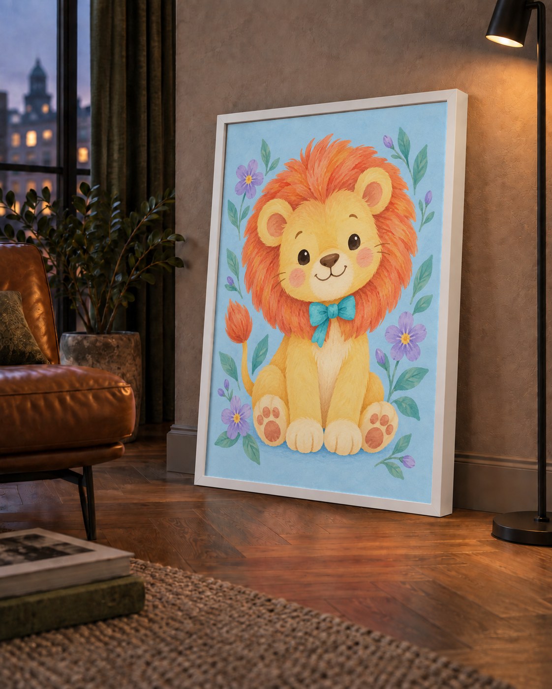 Suluboya Sevimli Aslan Poster – Çiçekli Çocuk Odası Tablosu — çerçeveli hâliyle bir ev duvarında