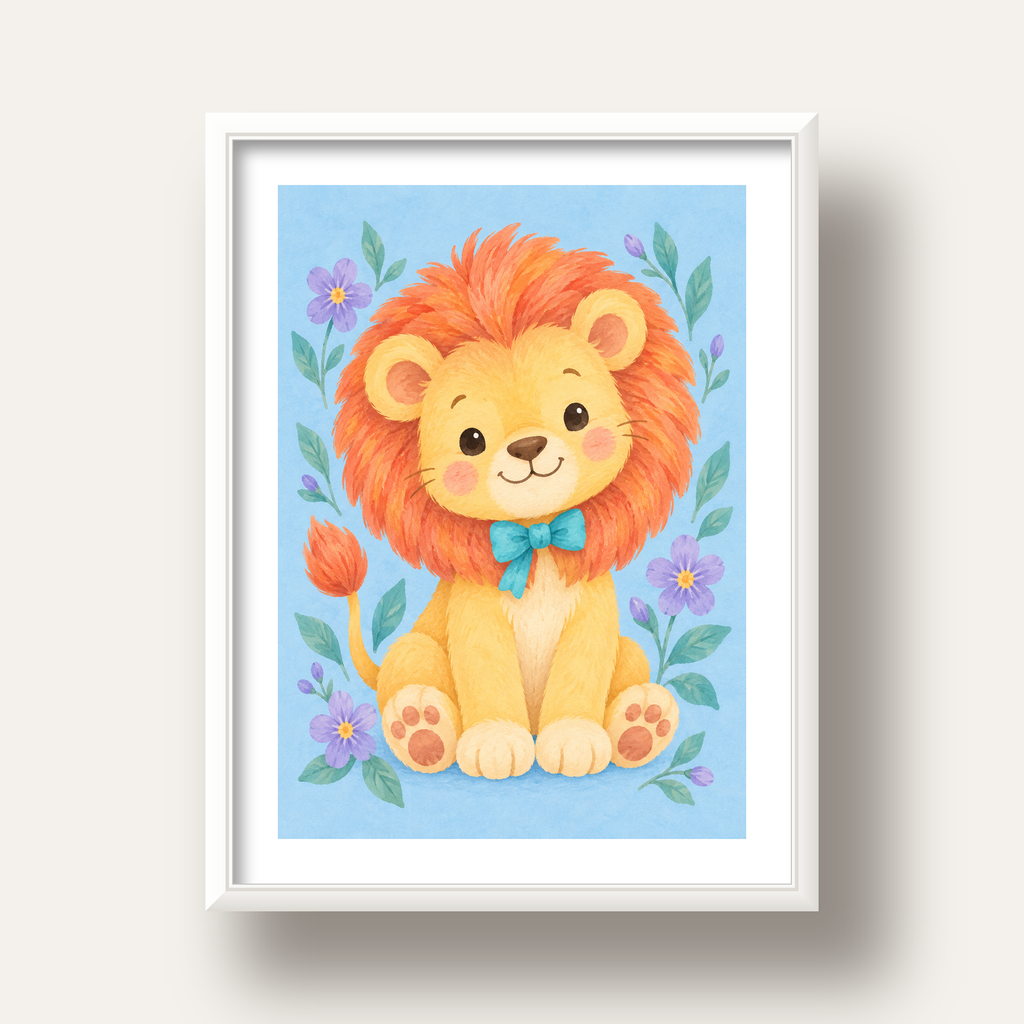 Suluboya Sevimli Aslan Poster – Çiçekli Çocuk Odası Tablosu — beyaz derin çerçeveli paspartulu
