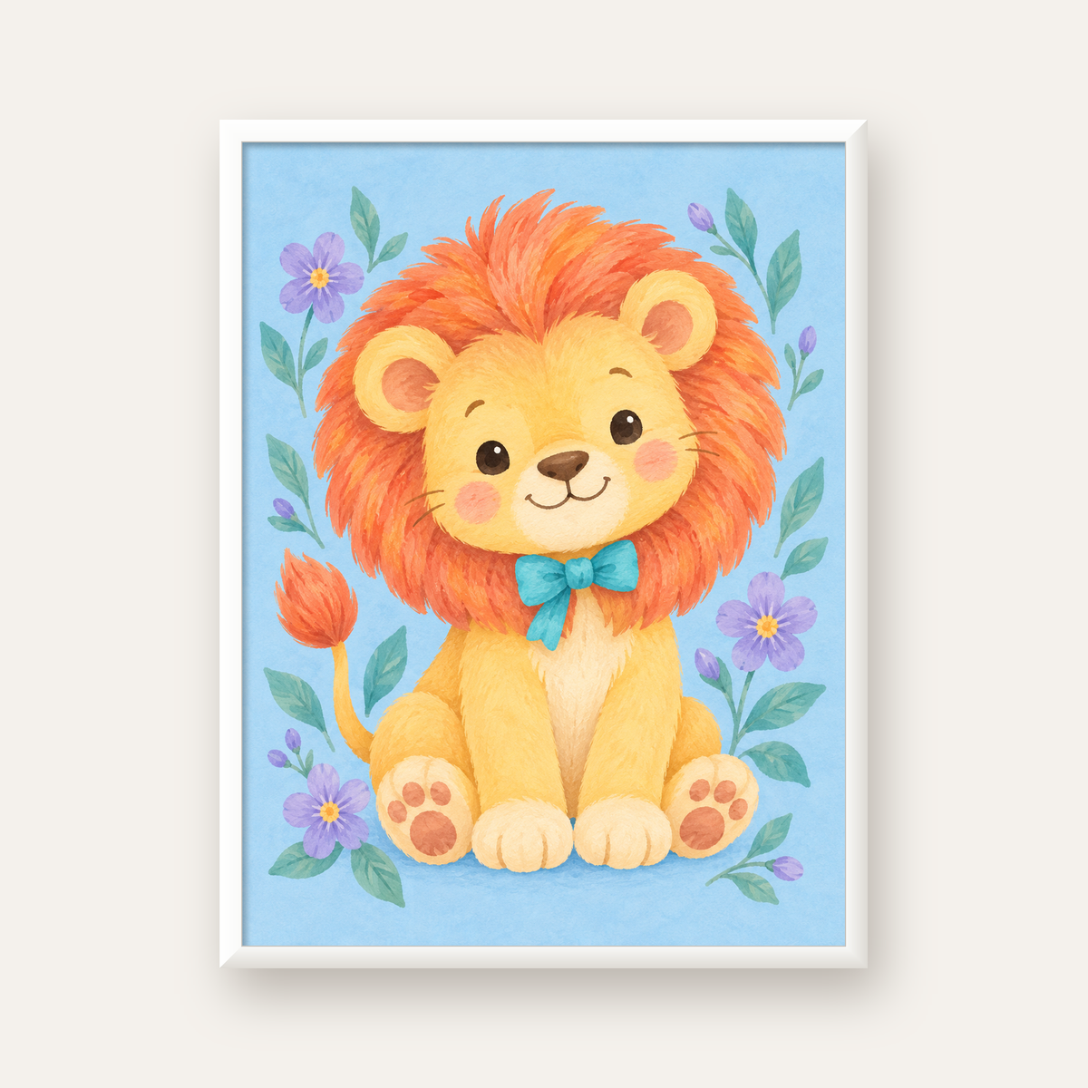 Suluboya Sevimli Aslan Poster – Çiçekli Çocuk Odası Tablosu — beyaz çerçeveli dikey poster