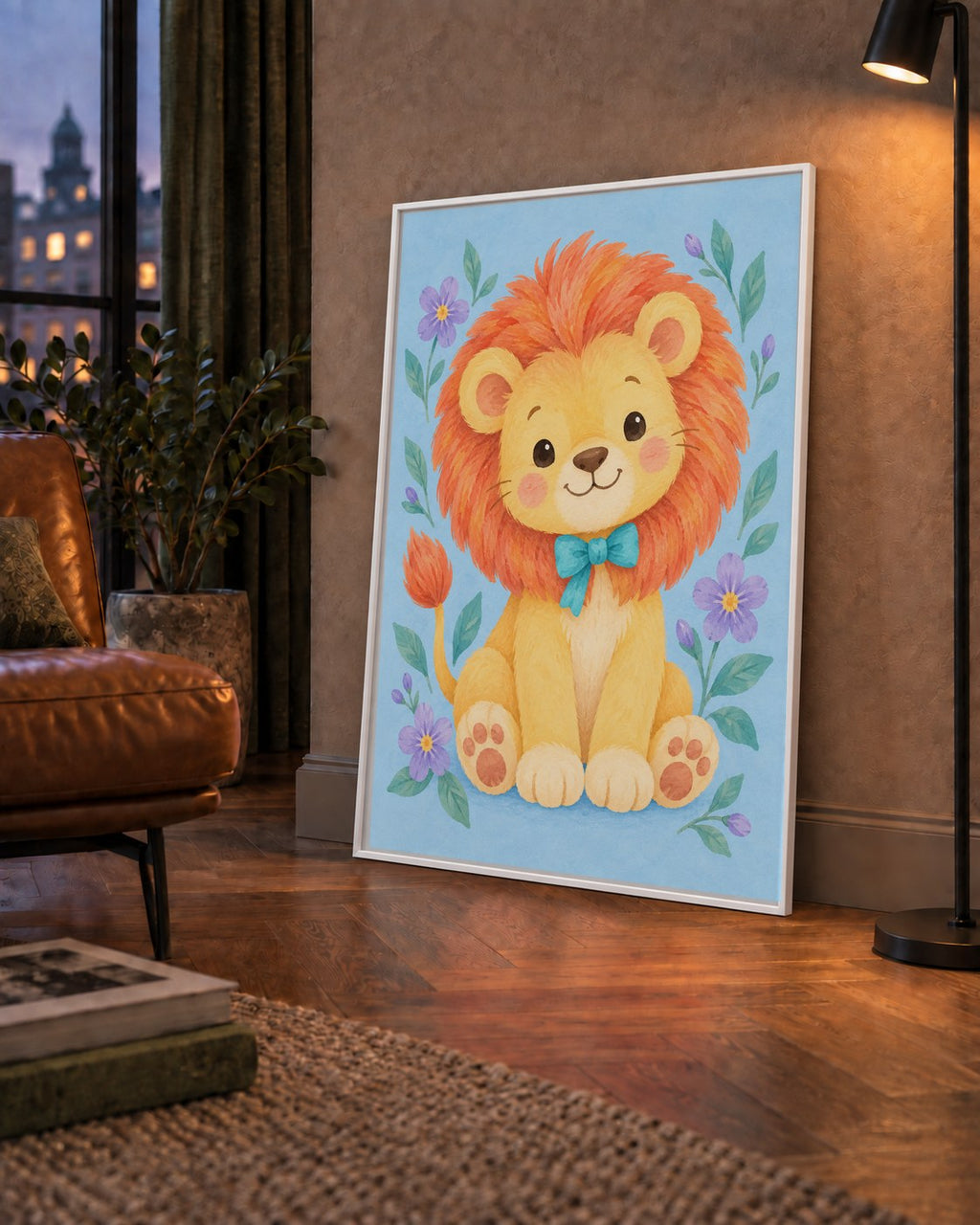Suluboya Sevimli Aslan Poster – Çiçekli Çocuk Odası Tablosu — çerçeveli hâliyle bir ev duvarında