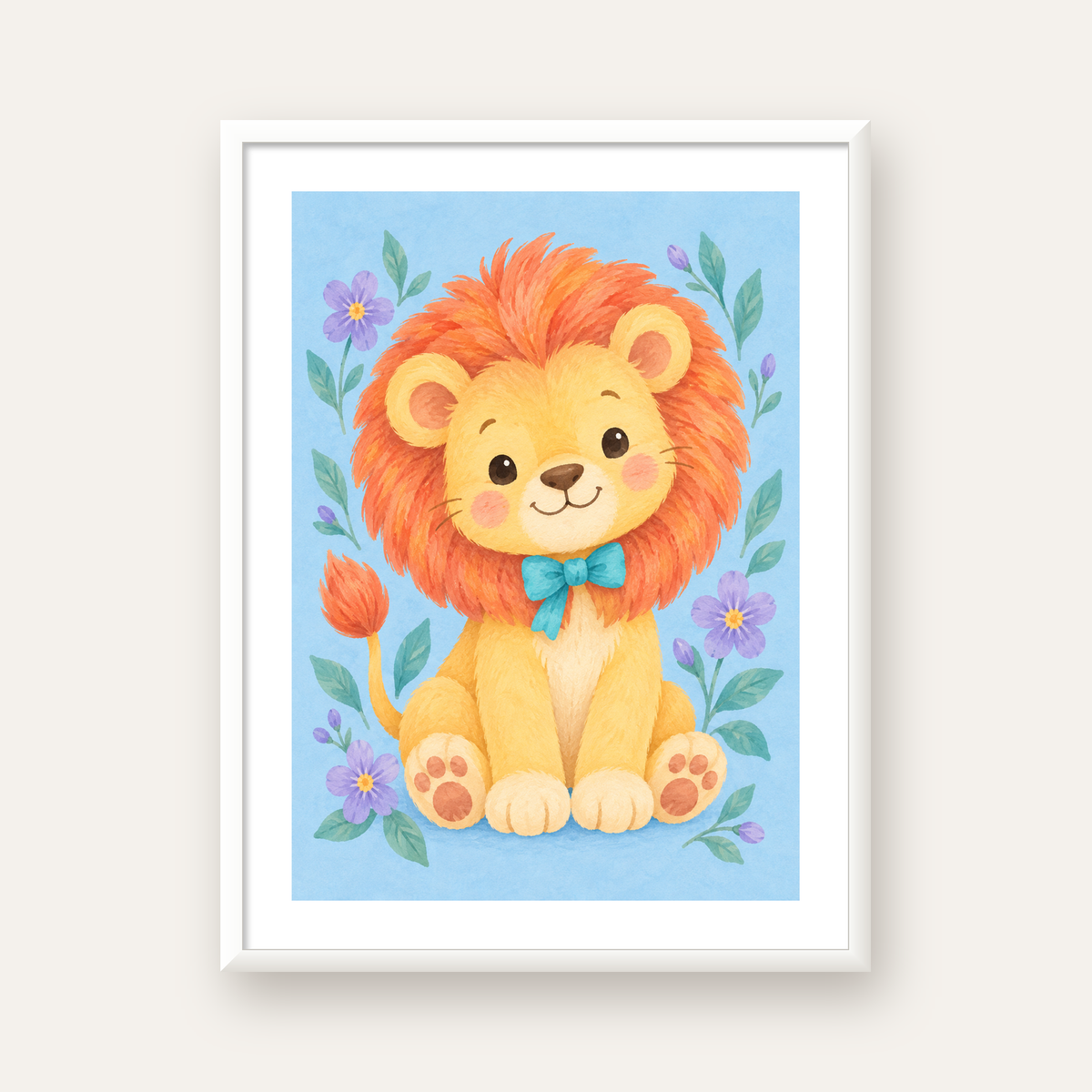 Suluboya Sevimli Aslan Poster – Çiçekli Çocuk Odası Tablosu — beyaz çerçeveli dikey poster