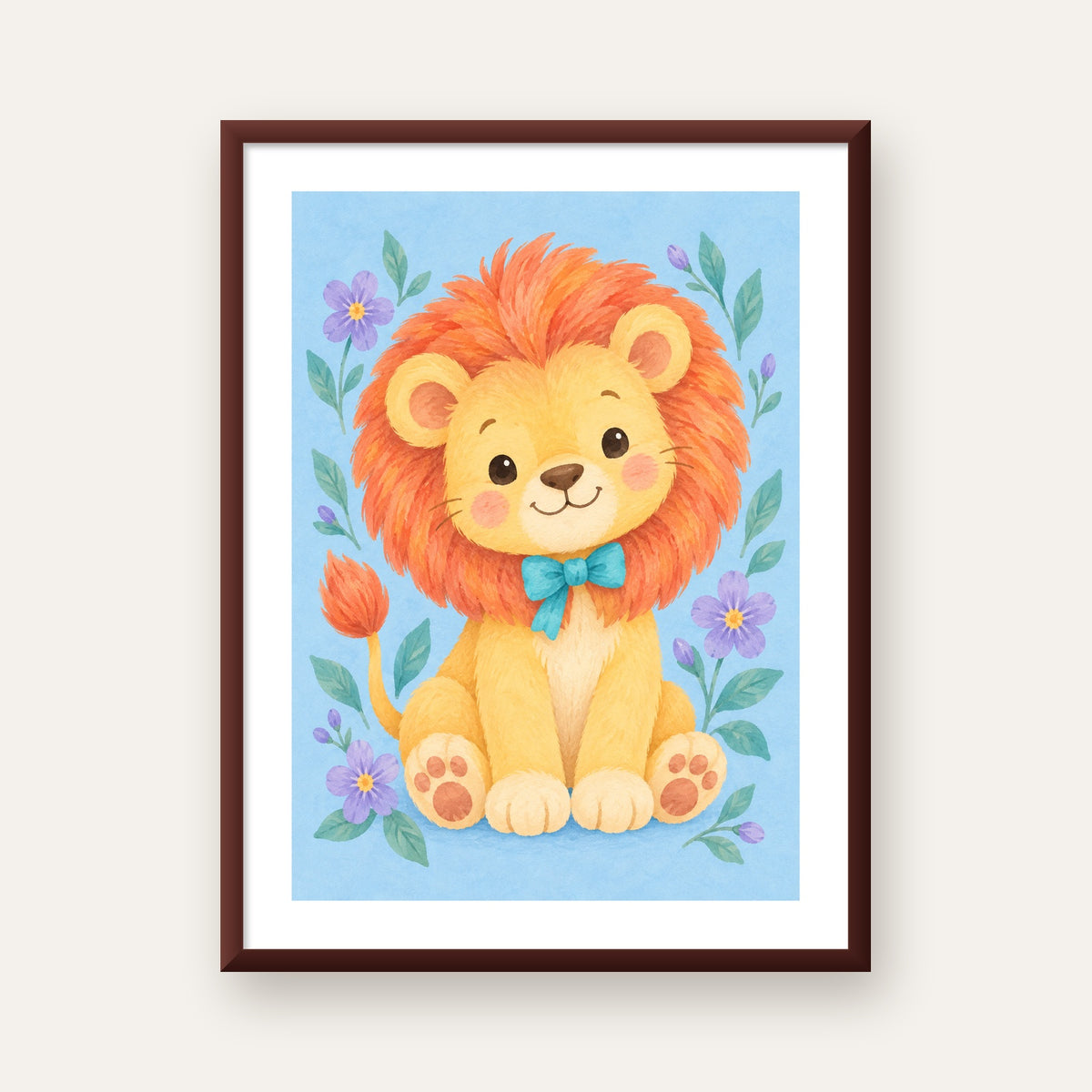 Suluboya Sevimli Aslan Poster – Çiçekli Çocuk Odası Tablosu — ceviz çerçeveli paspartulu