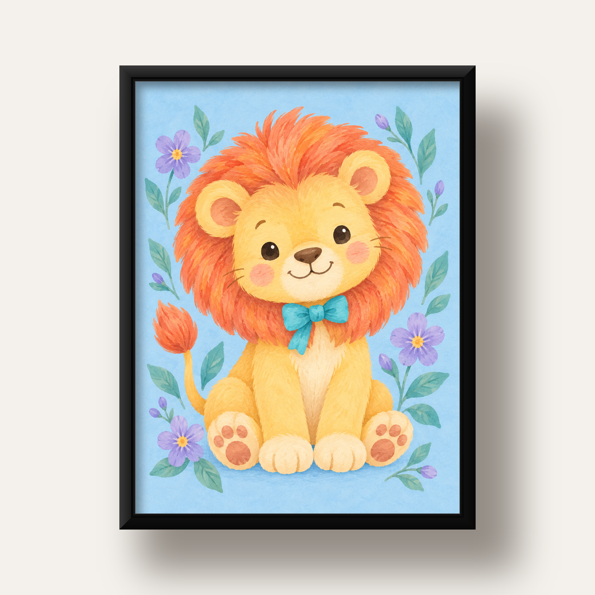 Suluboya Sevimli Aslan Poster – Çiçekli Çocuk Odası Tablosu — siyah derin çerçeveli