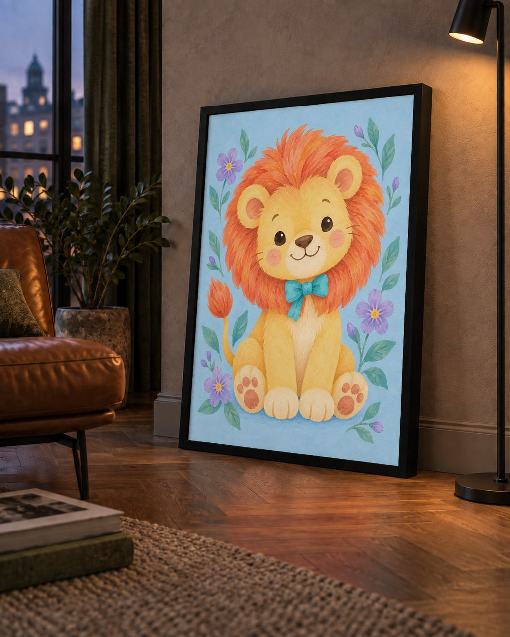 Suluboya Sevimli Aslan Poster – Çiçekli Çocuk Odası Tablosu — çerçeveli hâliyle bir ev duvarında