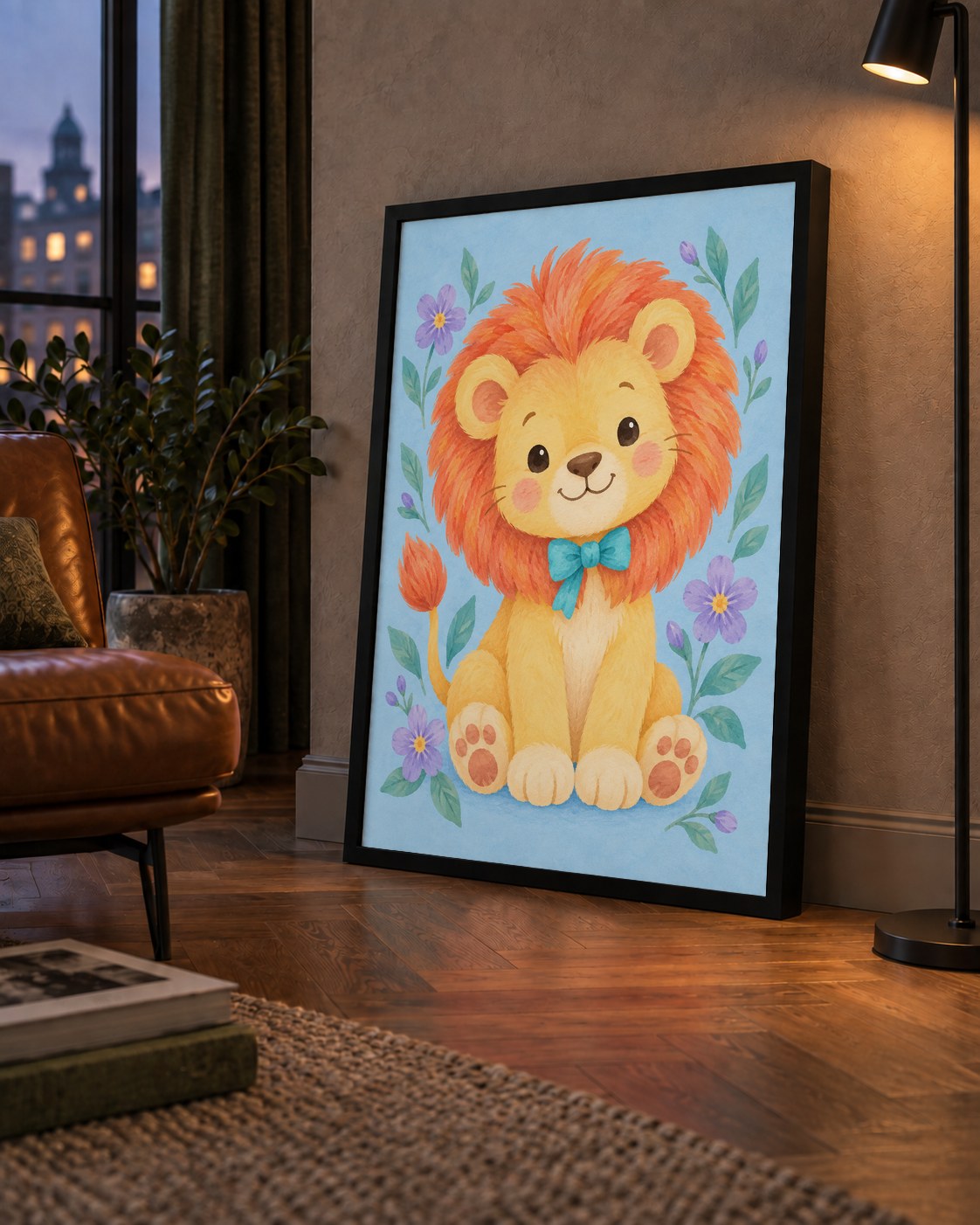 Suluboya Sevimli Aslan Poster – Çiçekli Çocuk Odası Tablosu — çerçeveli hâliyle bir ev duvarında