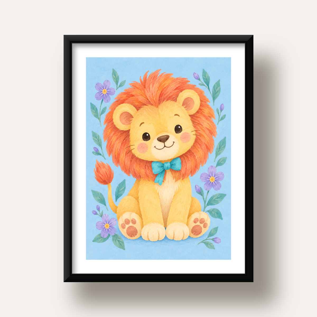 Suluboya Sevimli Aslan Poster – Çiçekli Çocuk Odası Tablosu — siyah derin çerçeveli paspartulu