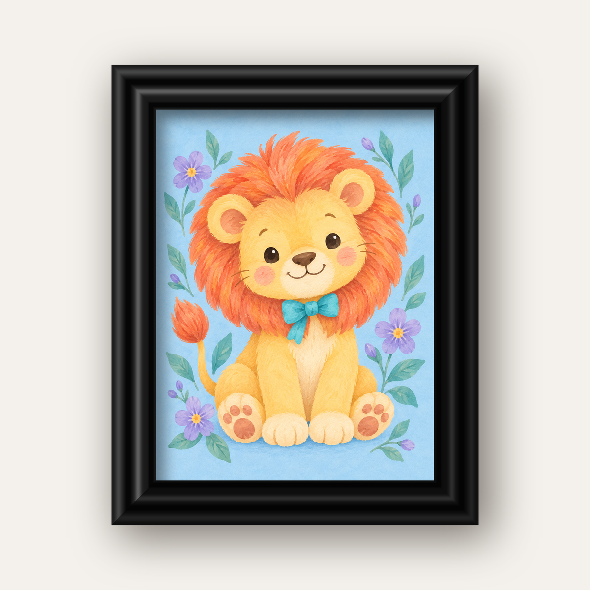 Suluboya Sevimli Aslan Poster – Çiçekli Çocuk Odası Tablosu — siyah galeri çerçeveli