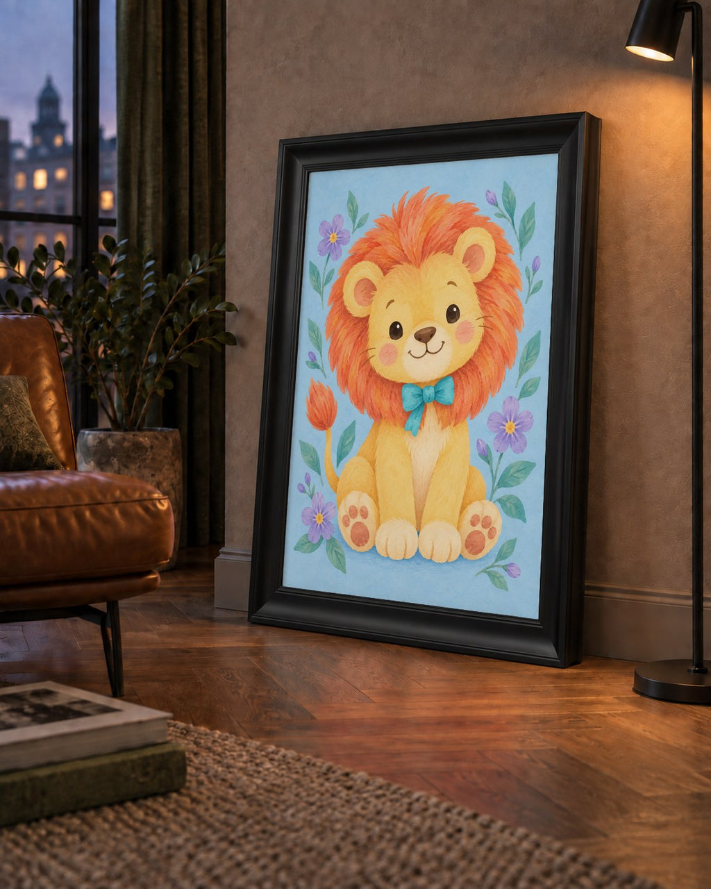 Suluboya Sevimli Aslan Poster – Çiçekli Çocuk Odası Tablosu — çerçeveli hâliyle bir ev duvarında