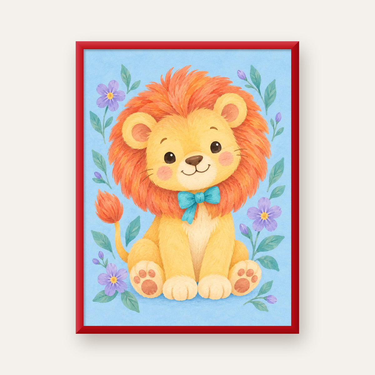 Suluboya Sevimli Aslan Poster – Çiçekli Çocuk Odası Tablosu — kırmızı çerçeveli
