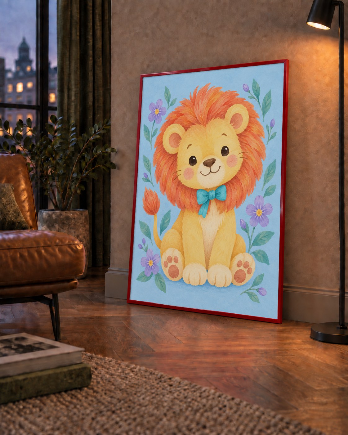 Suluboya Sevimli Aslan Poster – Çiçekli Çocuk Odası Tablosu — çerçeveli hâliyle bir ev duvarında
