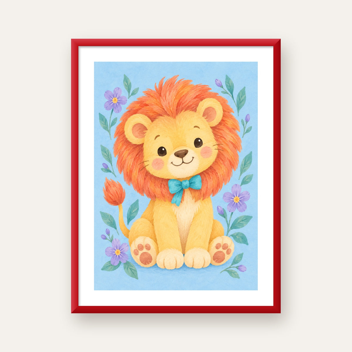 Suluboya Sevimli Aslan Poster – Çiçekli Çocuk Odası Tablosu — kırmızı çerçeveli paspartulu