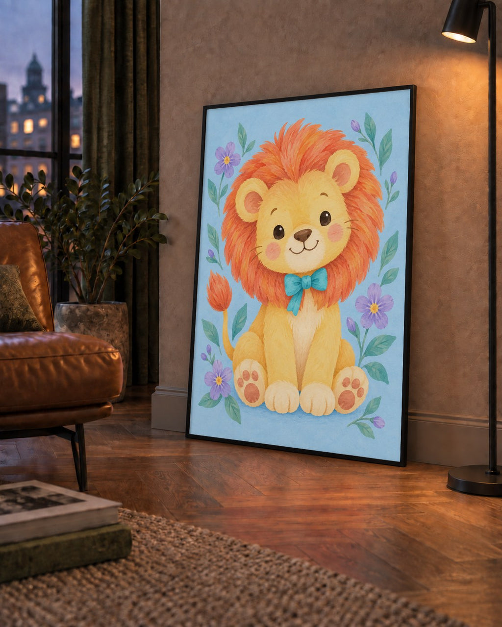 Suluboya Sevimli Aslan Poster – Çiçekli Çocuk Odası Tablosu — çerçeveli hâliyle bir ev duvarında