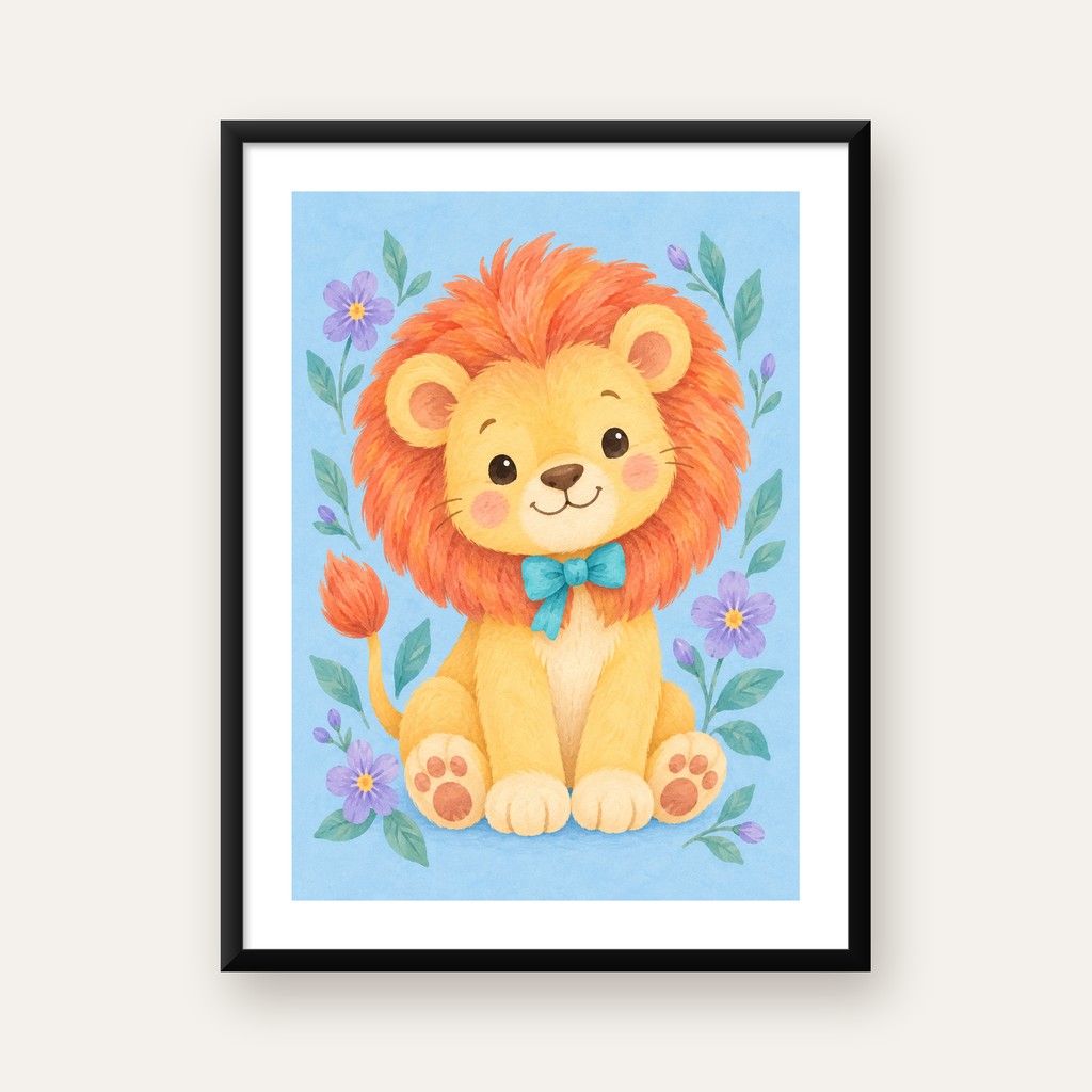 Suluboya Sevimli Aslan Poster – Çiçekli Çocuk Odası Tablosu — Dikey baskı, beyaz paspartulu