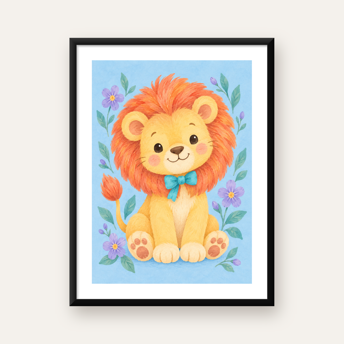 Suluboya Sevimli Aslan Poster – Çiçekli Çocuk Odası Tablosu — Dikey baskı, beyaz paspartulu