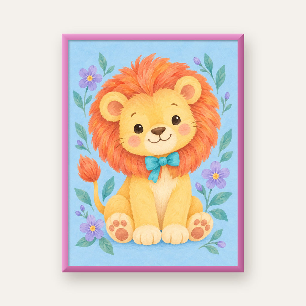 Suluboya Sevimli Aslan Poster – Çiçekli Çocuk Odası Tablosu — pembe çerçeveli
