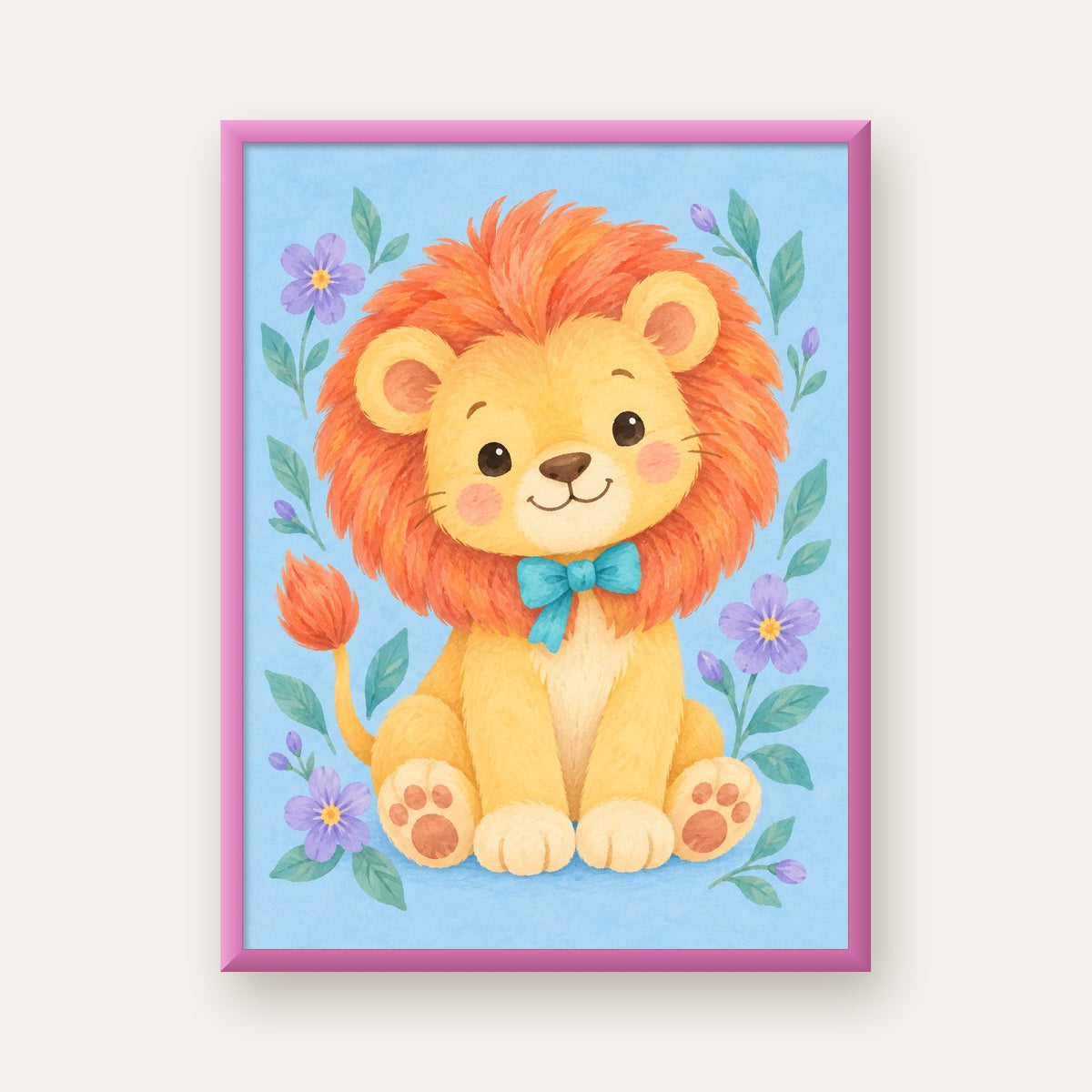 Suluboya Sevimli Aslan Poster – Çiçekli Çocuk Odası Tablosu — pembe çerçeveli