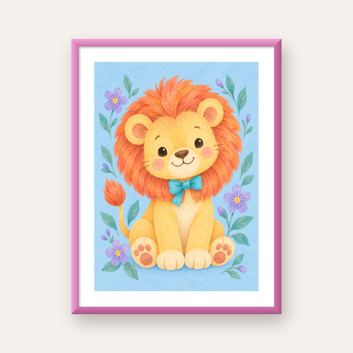 Suluboya Sevimli Aslan Poster – Çiçekli Çocuk Odası Tablosu — pembe çerçeveli paspartulu