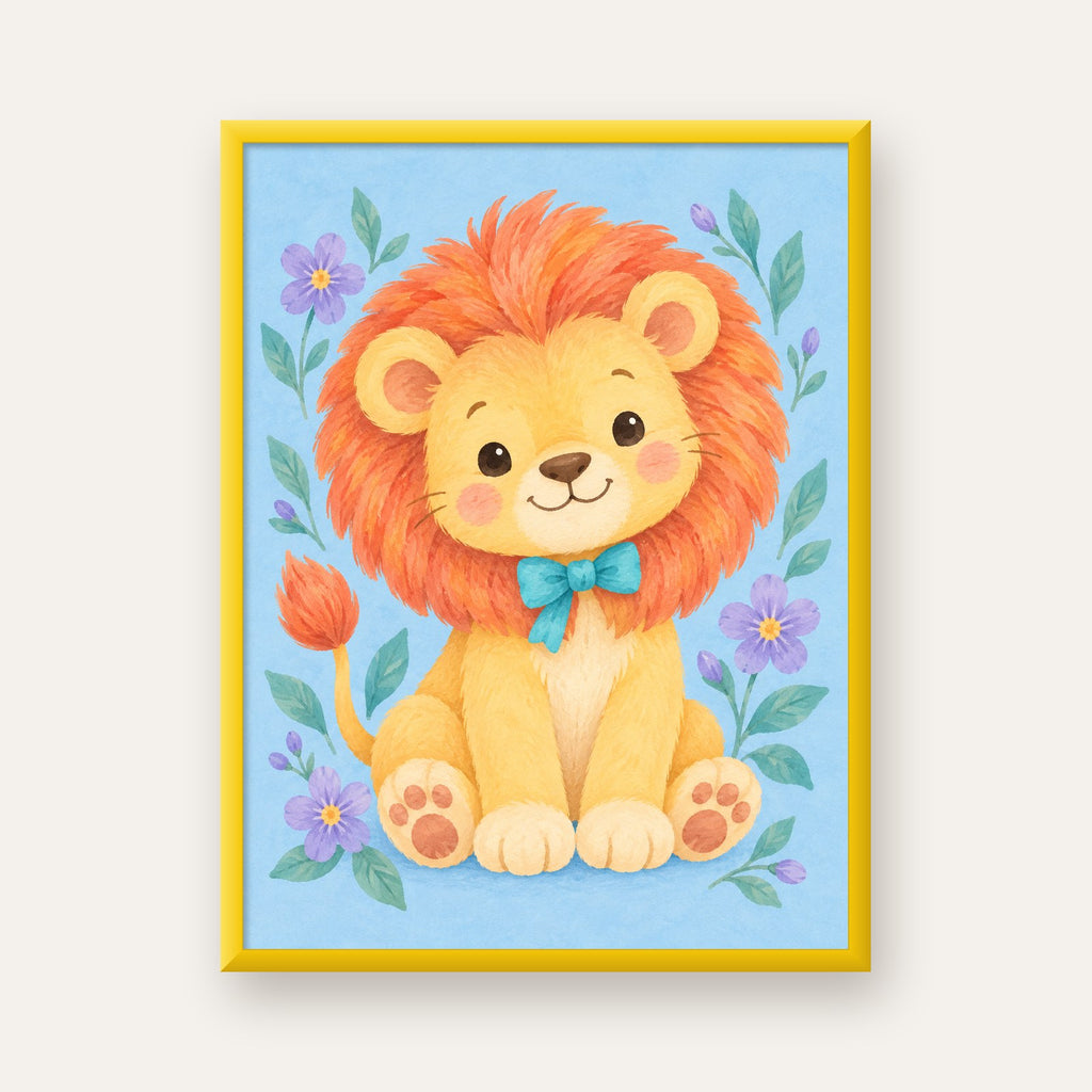 Suluboya Sevimli Aslan Poster – Çiçekli Çocuk Odası Tablosu — sarı çerçeveli