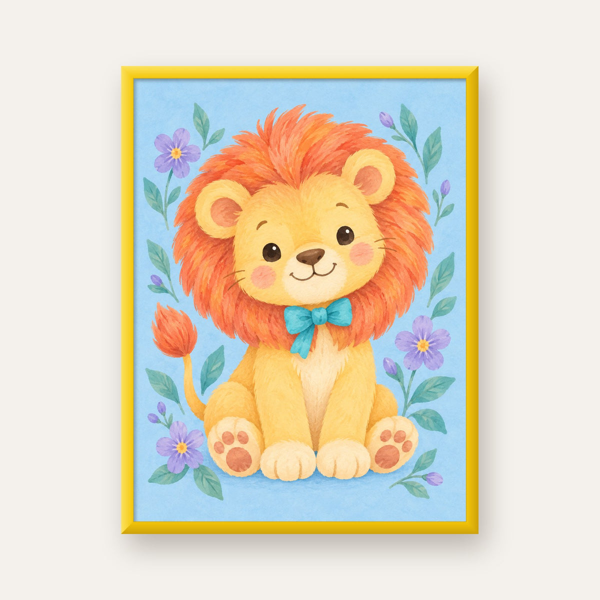 Suluboya Sevimli Aslan Poster – Çiçekli Çocuk Odası Tablosu — sarı çerçeveli