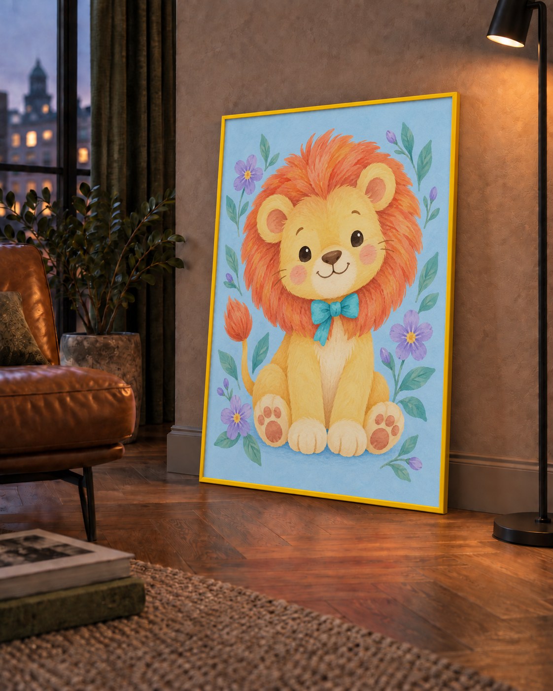 Suluboya Sevimli Aslan Poster – Çiçekli Çocuk Odası Tablosu — çerçeveli hâliyle bir ev duvarında