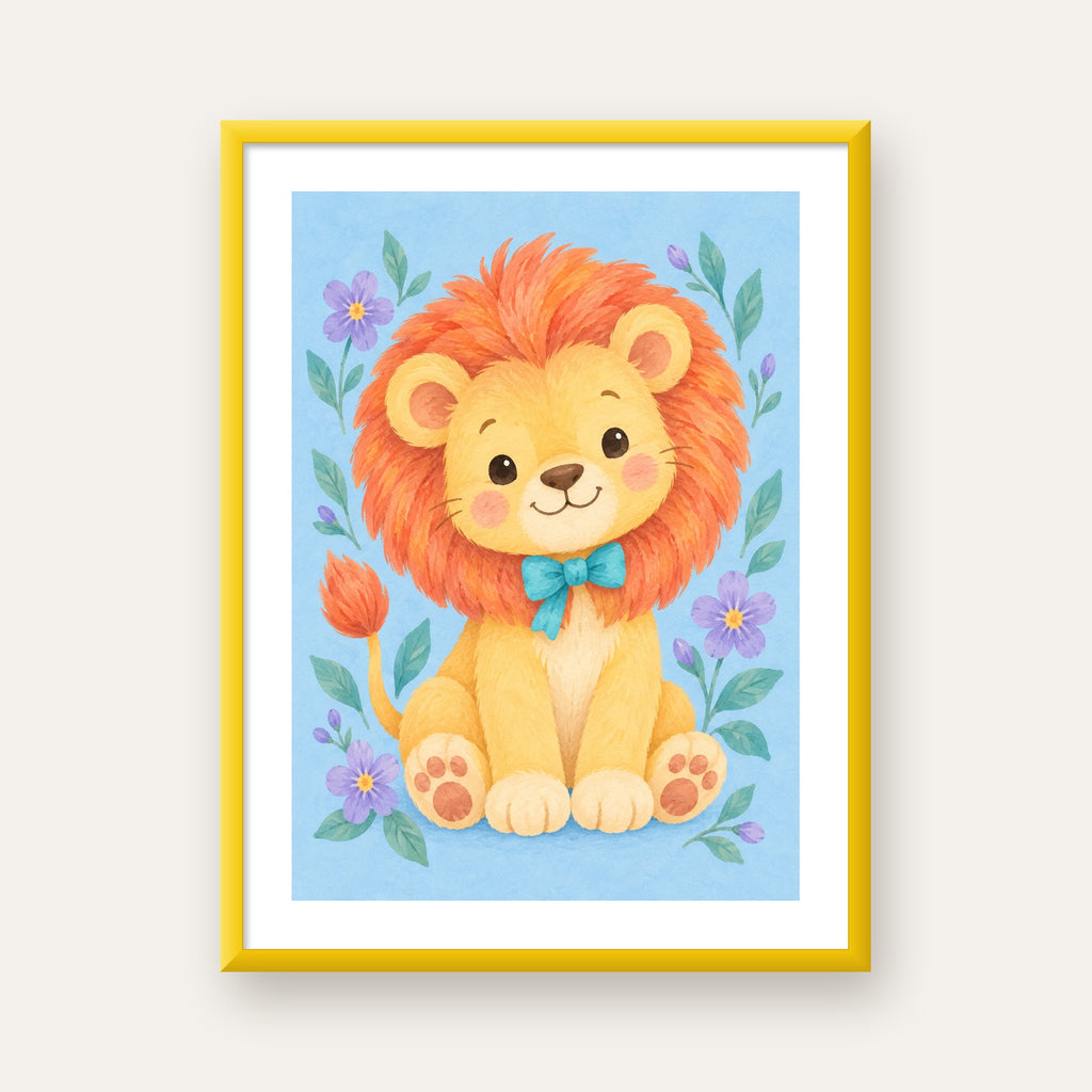 Suluboya Sevimli Aslan Poster – Çiçekli Çocuk Odası Tablosu — sarı çerçeveli paspartulu