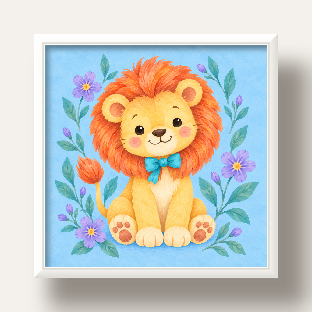 Suluboya Sevimli Aslan Poster – Çiçekli Çocuk Odası Tablosu — beyaz derin çerçeveli