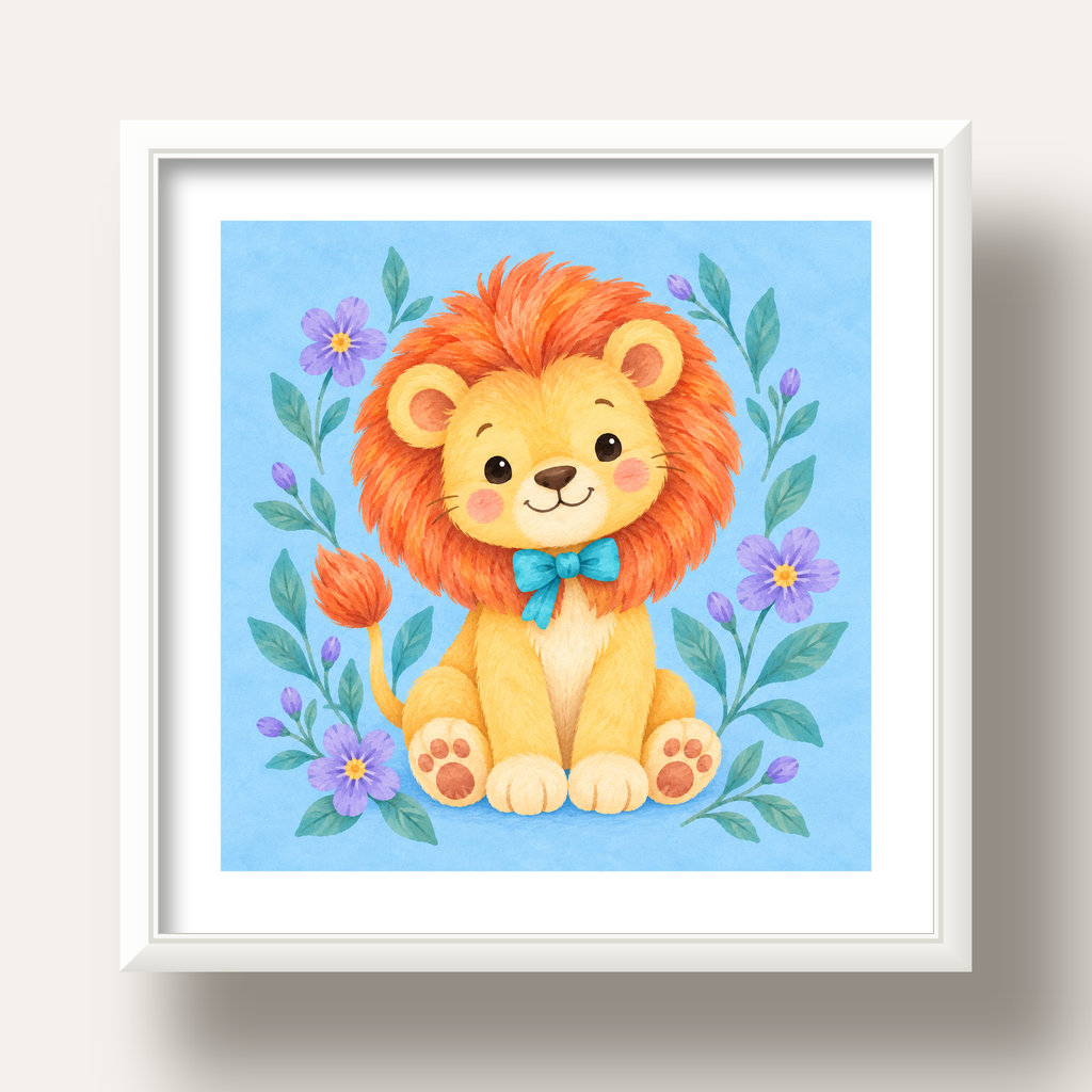 Suluboya Sevimli Aslan Poster – Çiçekli Çocuk Odası Tablosu — beyaz derin çerçeveli paspartulu