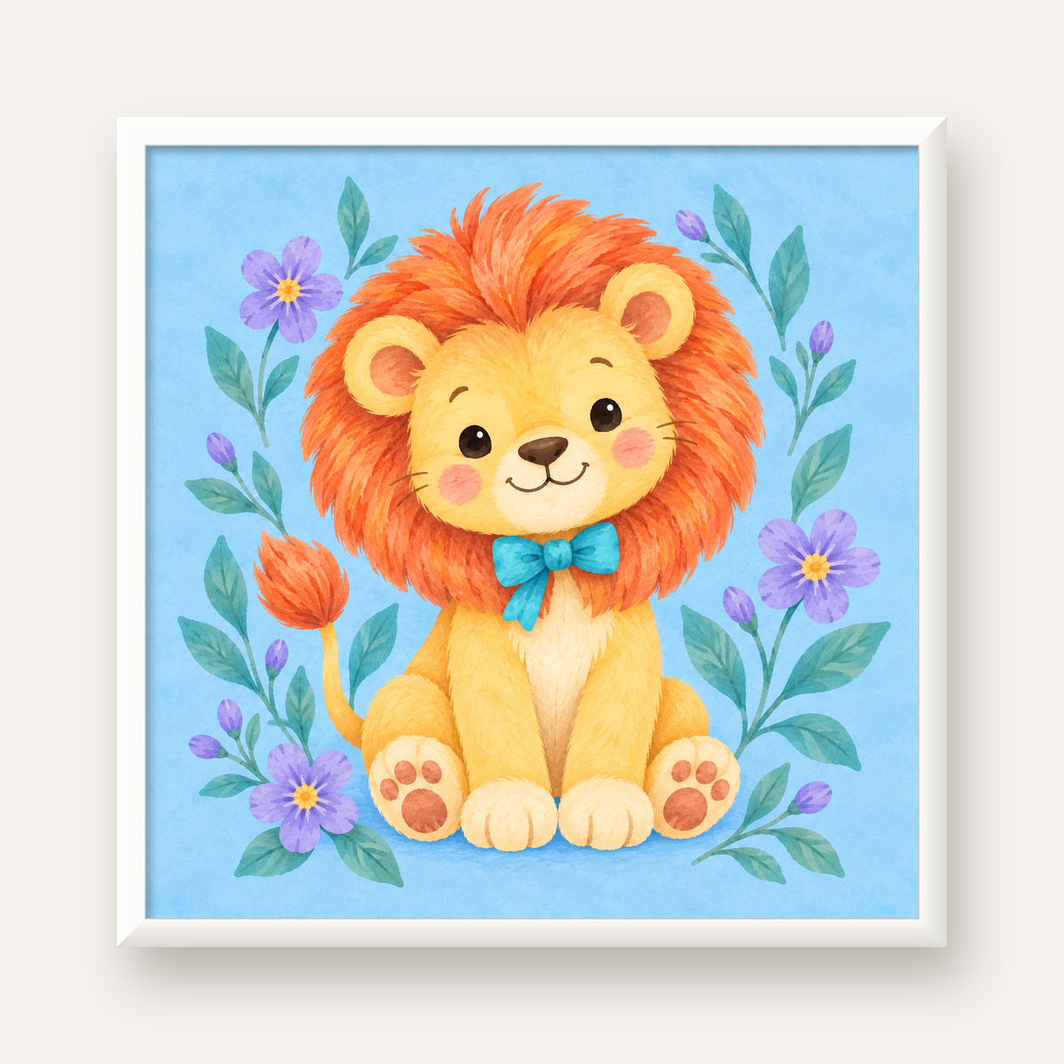 Suluboya Sevimli Aslan Poster – Çiçekli Çocuk Odası Tablosu — beyaz çerçeveli kare poster