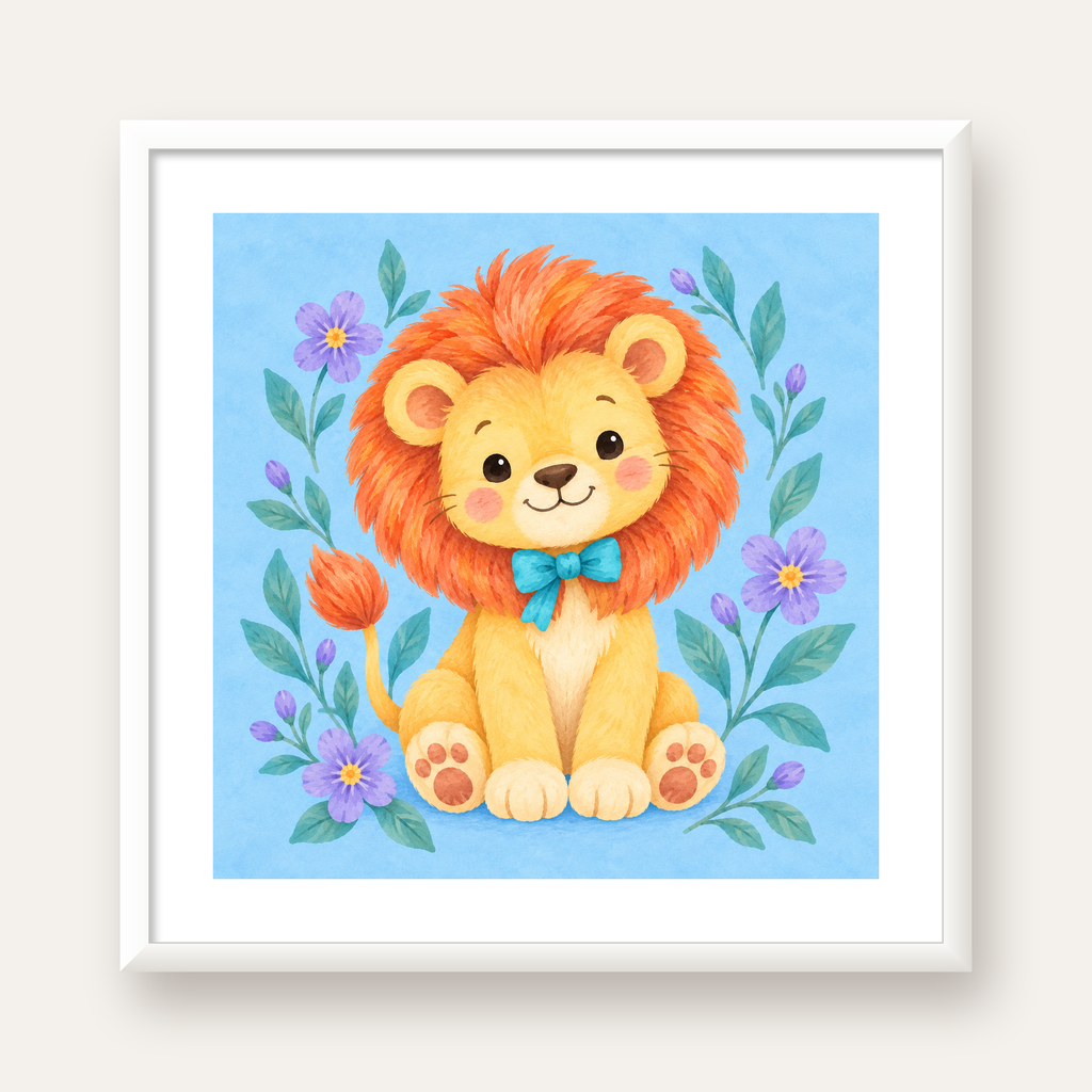 Suluboya Sevimli Aslan Poster – Çiçekli Çocuk Odası Tablosu — beyaz çerçeveli kare poster